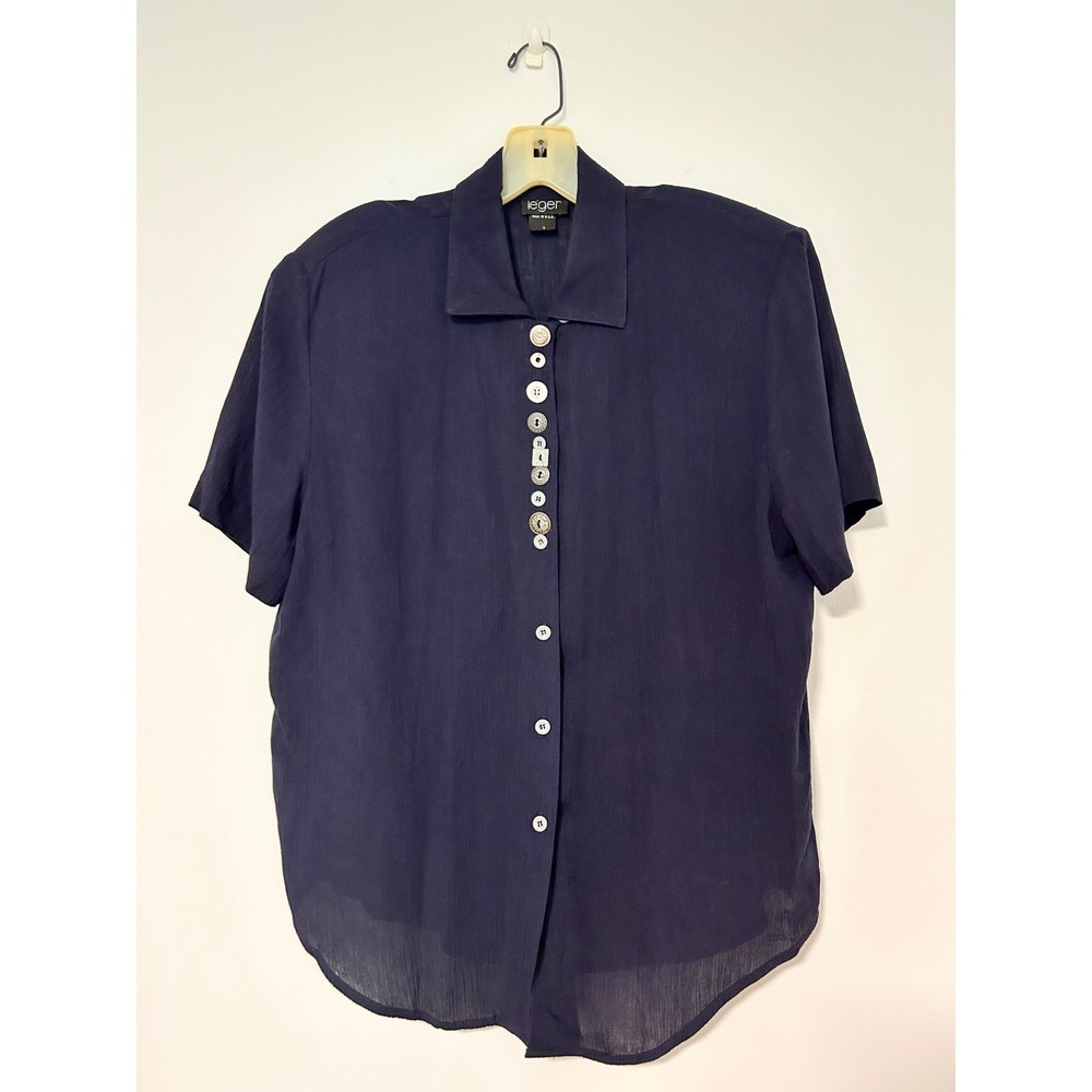 Leger Vintage Navy Blue Rayon Short Sleeve Blouse Mismatched Novelty Buttons 8